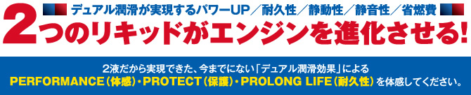 ディアル潤滑が実現するパワーUP/耐久性/静動性/静音性/省燃性　2つのリキッドがエンジンを進化させる!