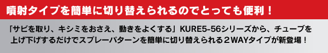 噴射タイプを簡単に切り替えられるのでとっても便利!「サビを取り、キシミをおさえ、動きをよくする」KURE5-56シリーズから、チューブを上げ下げするだけでスプレーパターンを簡単に切り替えられる2WAYタイプが新登場!