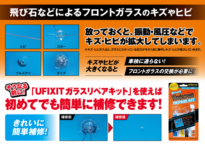 飛び石などによるフロントガラスのキズやヒビ　放っておくと、振動・風圧などでキズ・ヒビが拡大してしまいます。　そうなる前に！UFIXITガラスリペアキットを使えば初めてでも簡単に補修できます！