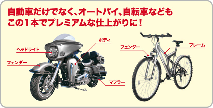 自動車だけでなく、オートバイ、自転車などもこの1本でプレミアムな仕上がりに！