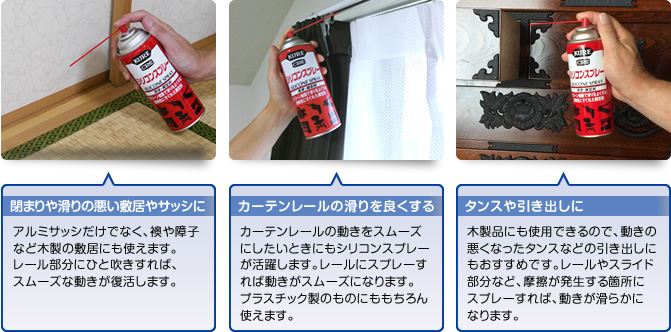 閉まりや滑りの悪い敷居やサッシに。アルミサッシだけでなく、襖や障子など木製の敷居にも使えます。レール部分にひと吹きすれば、スムーズな動きが復活します。　カーテンレールの滑りを良くする。カーテンレールの動きをスムーズにしたいときにもシリコンスプレーが活躍します。レールにスプレーすれば動きがスムーズになります。プラスチック製のものにももちろん使えます。　タンスや引き出しに。木製品にも使用できるので、動きの悪くなったタンスなどの引き出しにもおすすめです。レールやスライド部分など、摩擦が発生する箇所にスプレーすれば、動きが滑らかになります。