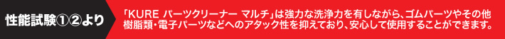 試験結果より。「KURE パーツクリーナー マルチ」は強力な洗浄力を有しながら、ゴムパーツやその他樹脂類・電子パーツなどへのアタック性を抑えており、安心して使用することができます。